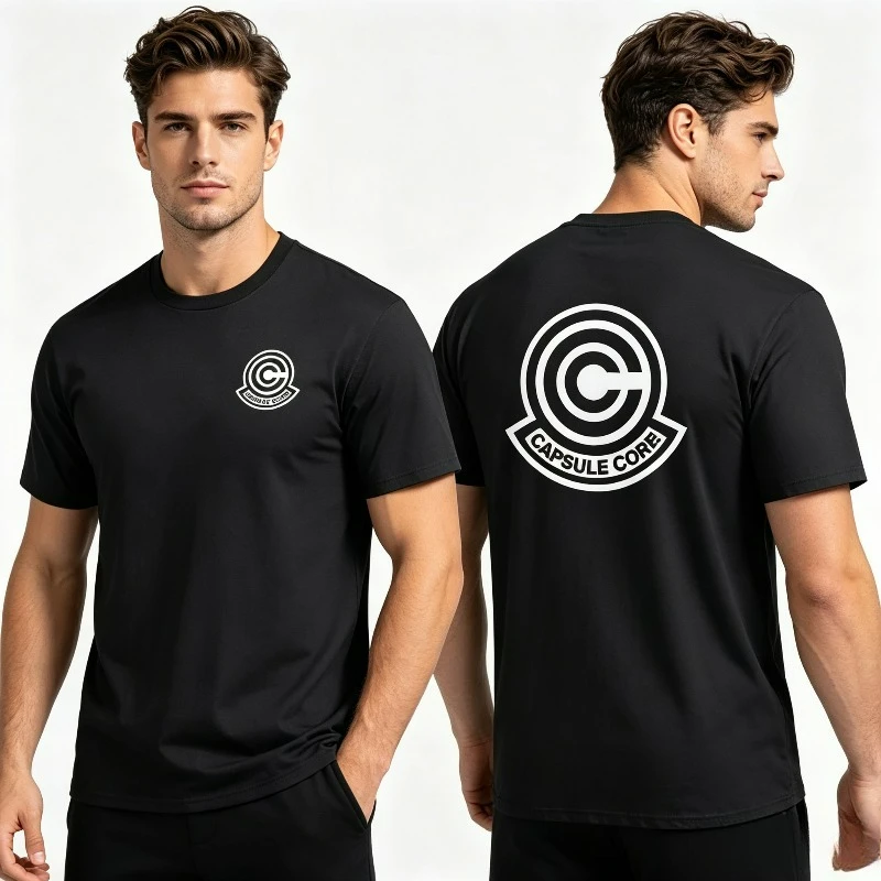 Men's Black White Capsule Corp Print T-shirt, Casual Short Sleeve Top For Anime Fans
