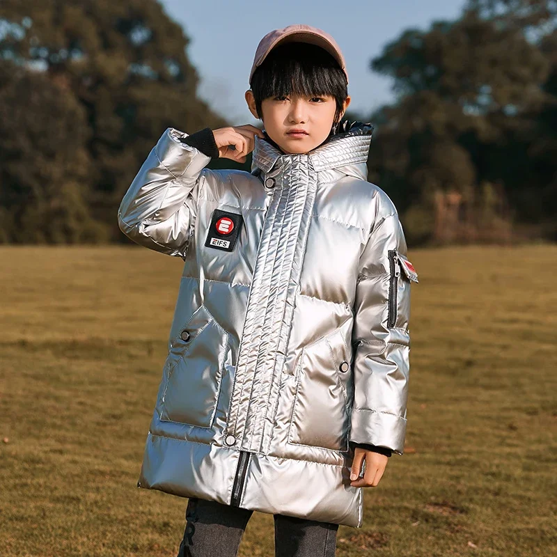 Boys Girls Kids Long Loose White Duck Thickened Down Jacket Black,Blue Baby Coat, Teenagers Hooded Padded Jacket Clothes Winter