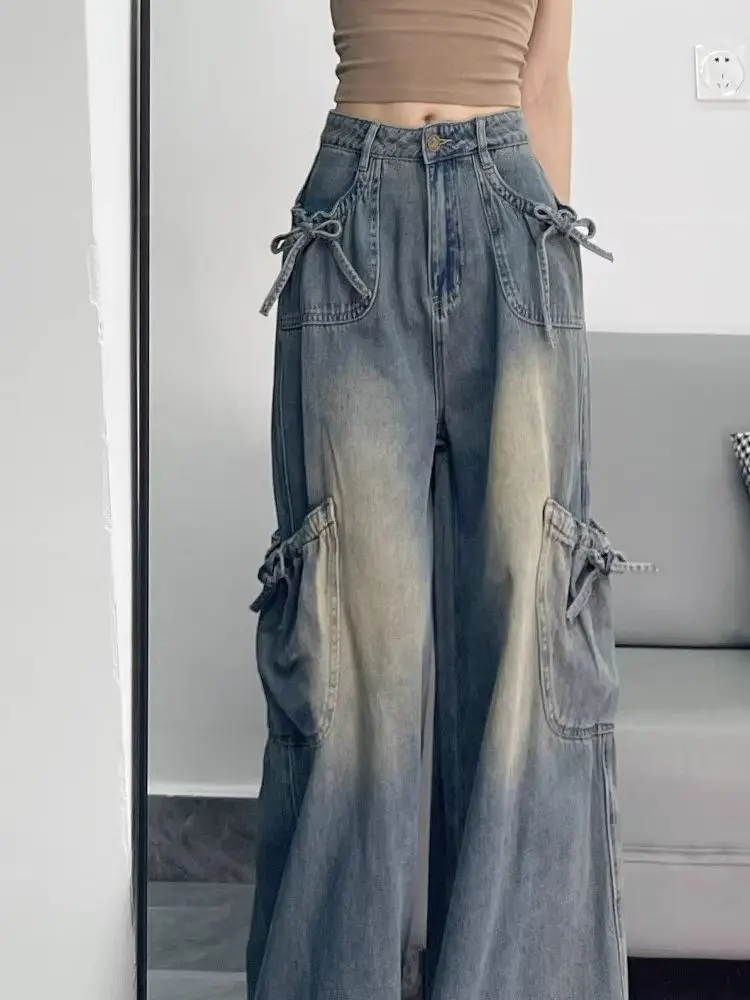 여성 빈티지 블루 보우 레이스업 멀티 포켓 Y2K 카고 청바지 90년대 아메리칸 레트로 스트릿웨어 하이웨이스트 루즈 와이드 레그 데님 팬츠