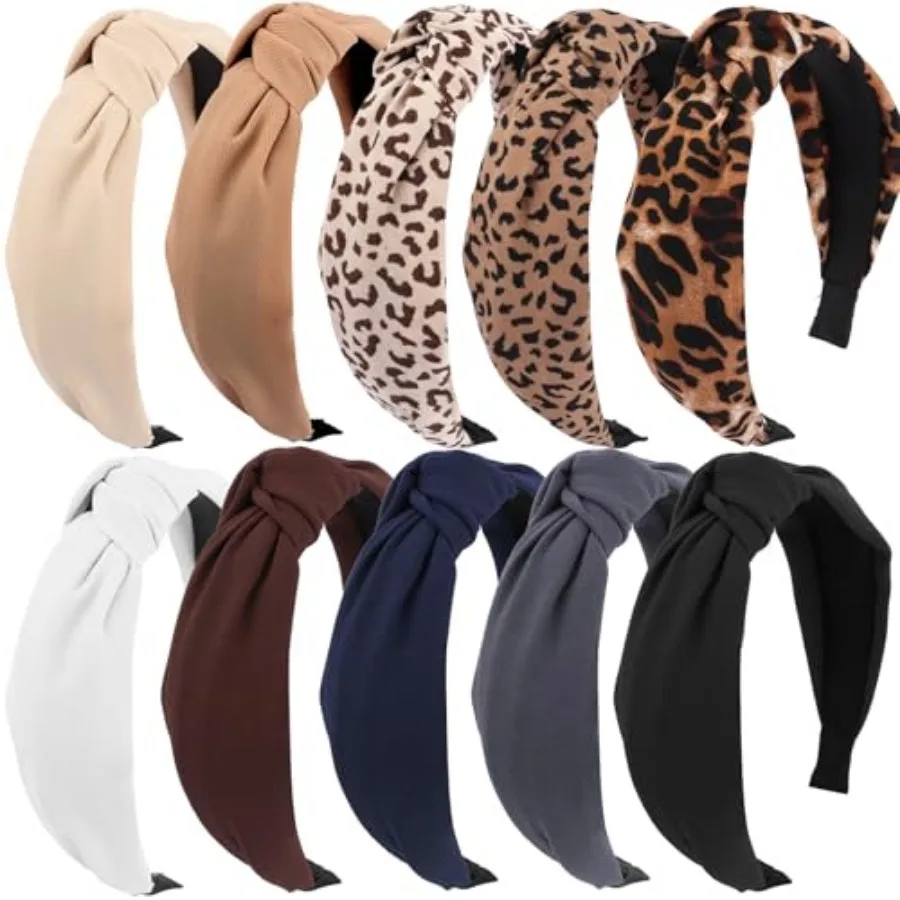 

10 Pack Knotted Headbands for Women, Leopard Print and Solid Color Fashion Headbands, Non Slip Soft Fabric Hair Bands, Boho Ela
