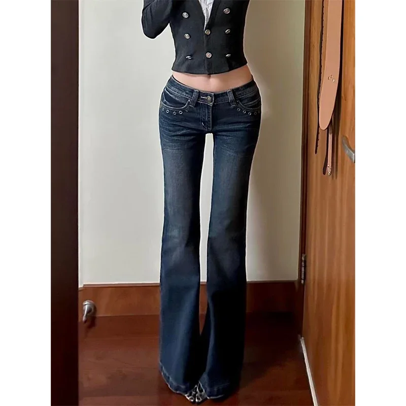 

Y2k американские ретро потертые темно-синие джинсы с низкой посадкой для детей, утягивающие брюки в стиле тысячелетия, пикантные девушки, расклешенные брюки