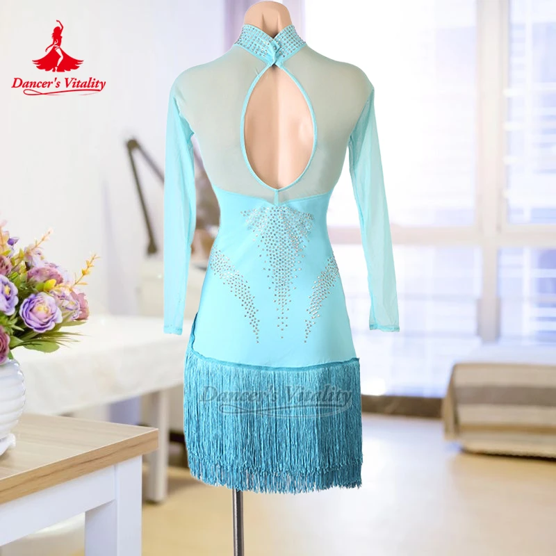 Dancer's Vitality Latin High-neck Long Sleeve Tassels Dancing Dress Adult Women Chacha Samba Jive Perform Clothing Customized