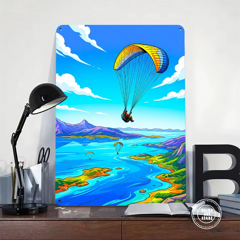 Paragliding Adventure Over Scenic Landscape 3D Texture Printed Poster Custom Vintage Metal Tin Plate Sign for Wall Art House