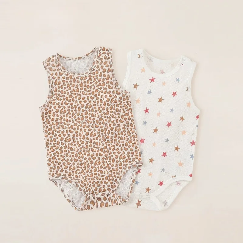 Baby Leopard Print Sleeveless Romper Mesh Breathable Cotton Triangle Bodysuit Summer 2026 New Infant Romper