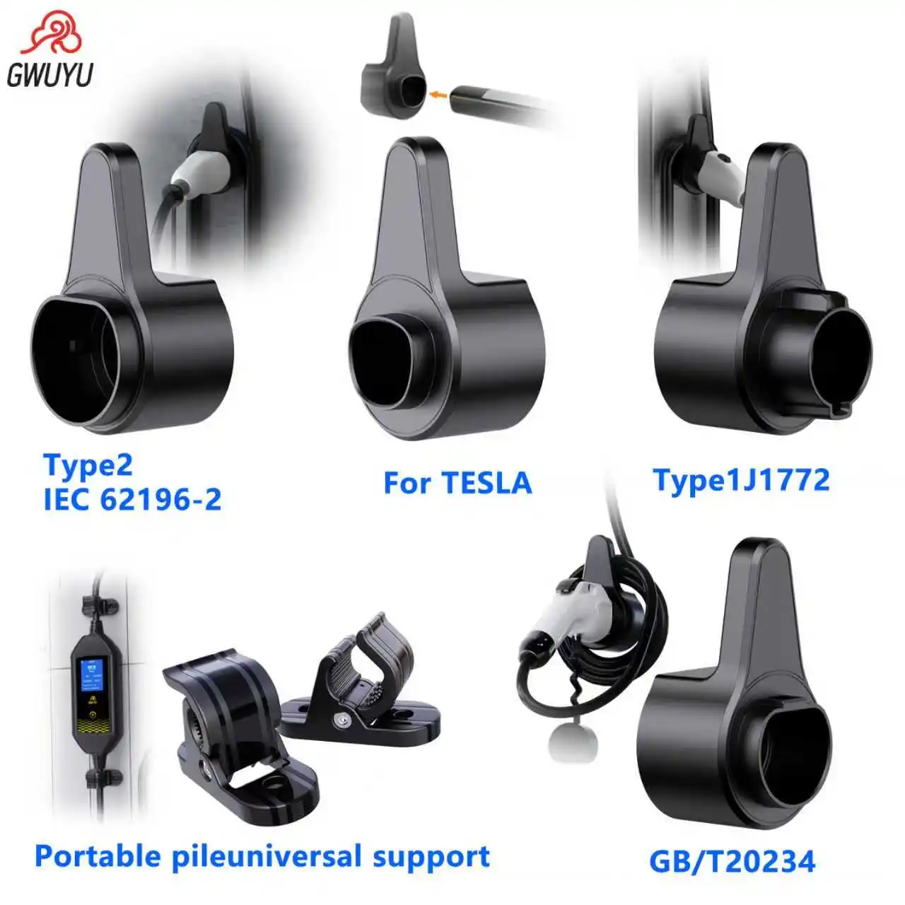 GWUYU EV Charger Plug Holder Stand for TESLA  Type 1 Type2 GB/T Car Charger Wall Mount Bracket Car Charging Cable Bracket