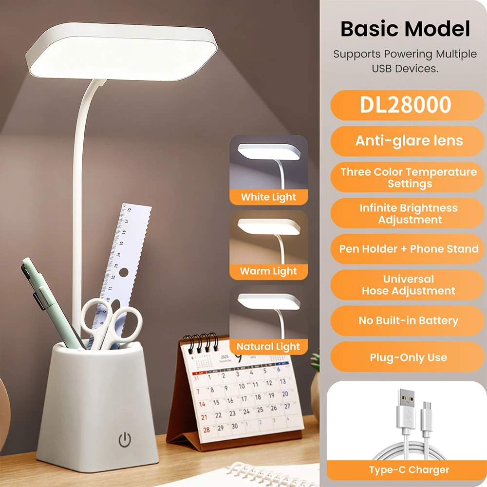 3 Colors Dimmable LED Desk Light 22 LEDs 5V USB Touch Pen Holder Phone Stand Student Table Reading Lamp for Bedroom Study Room