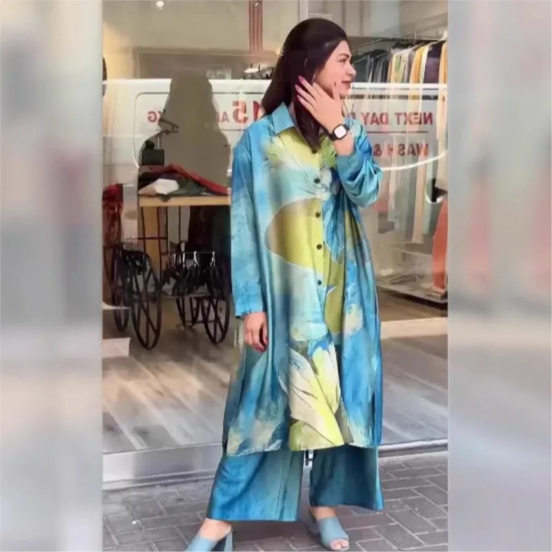 Eleganckie damskie garnitury w nowym stylu na jesień i zimę, modne, z nadrukiem, z klapami, długimi rękawami, długą koszulą, luźne, z szerokimi nogawkami.