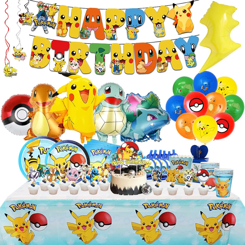 Decoración de fiesta de cumpleaños de Pokémon, globo de Pikachu relámpago para niños, suministros de eventos, vajilla desechable, pancarta de fondo