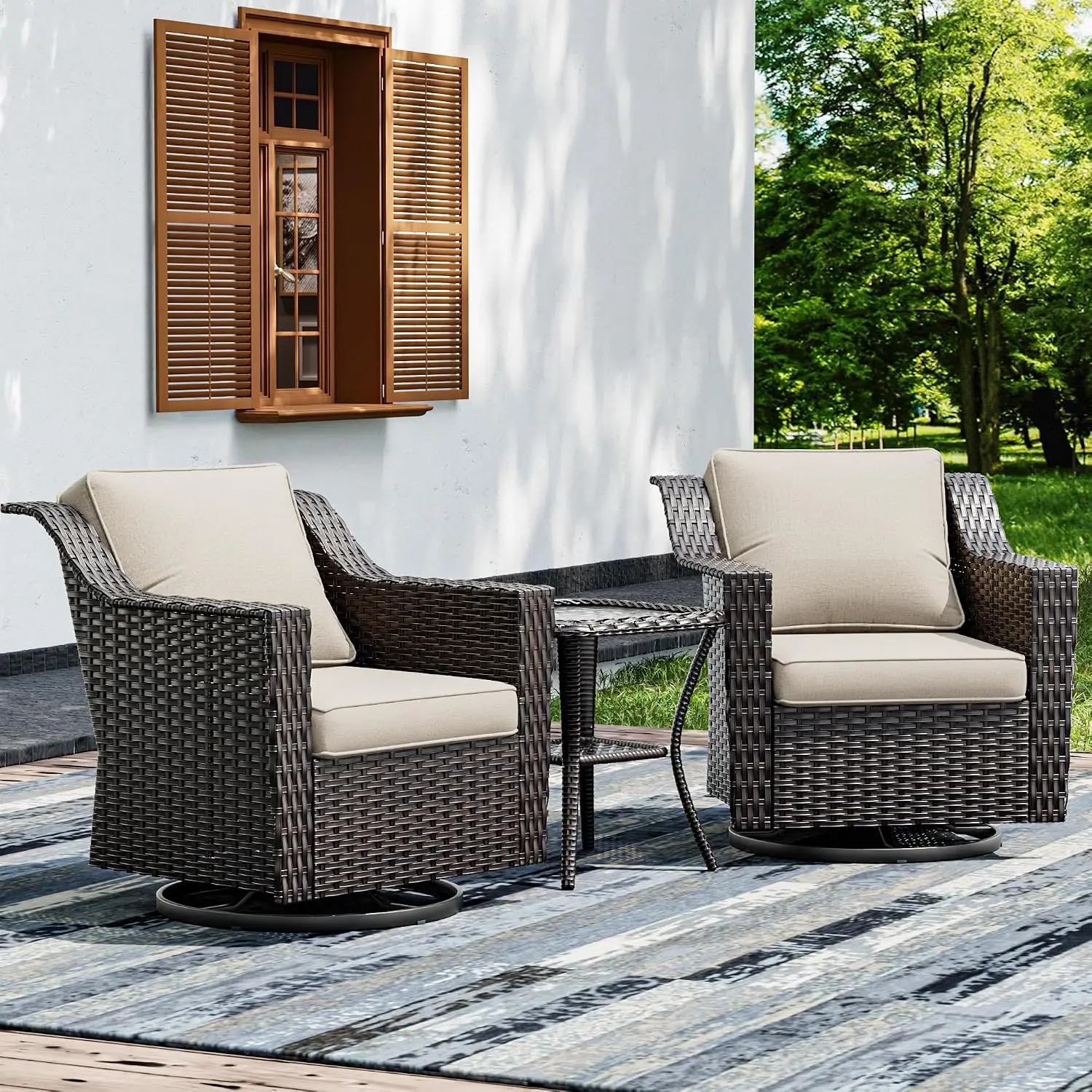 3-Piece Wicker Patio Furniture Set With 2 Swivel Chairs & Side Table, Thick Cushions, Wide Armrest, Customized