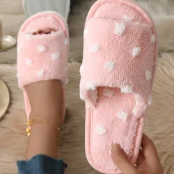 Women Polka Dot Home Plush Slippers Winter Indoor Flat Heels Warm Cotton Slides Woman Open Toe Light Non-Slip Fluffy Slippers
