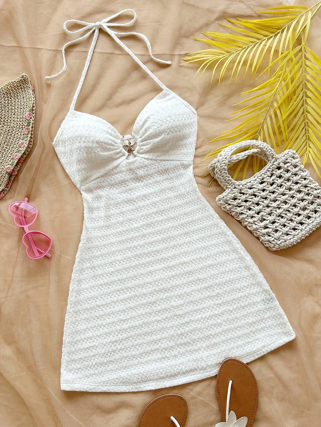 White Textured Halter Neck Mini Dress with Starfish Detail, Summer Vacation & Festival Wear