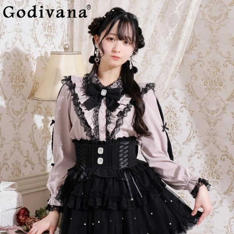 Japan's New Sweet and Cute Bow Lace Long-sleeved Shirt Playful Girls Fashion Versatile Loose Age-reducing Turn-down Collar Top