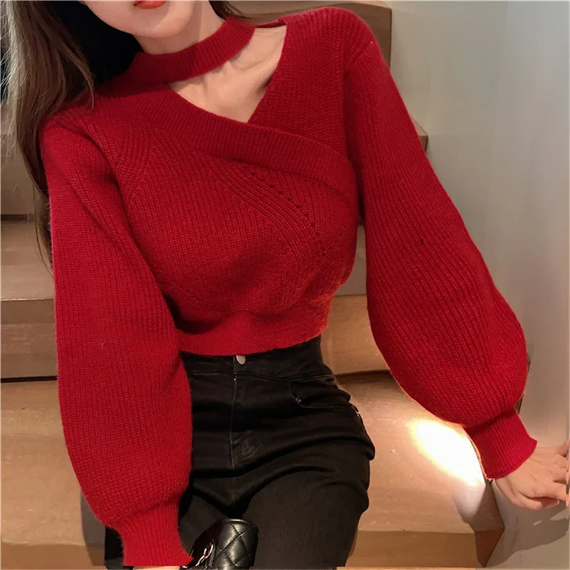 Sling Women'S Hanging Neck Puff Sleeve Sweater Student Fashion Winter New Chic Western Style Youthful Beautiful