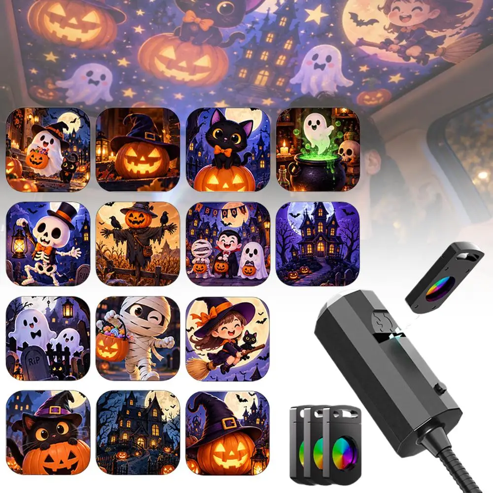 USB Projector Light Halloween Ghost Skull Night Light Switchable Pattern LED Projector Lamp for Room Ceiling Window Wall Decor