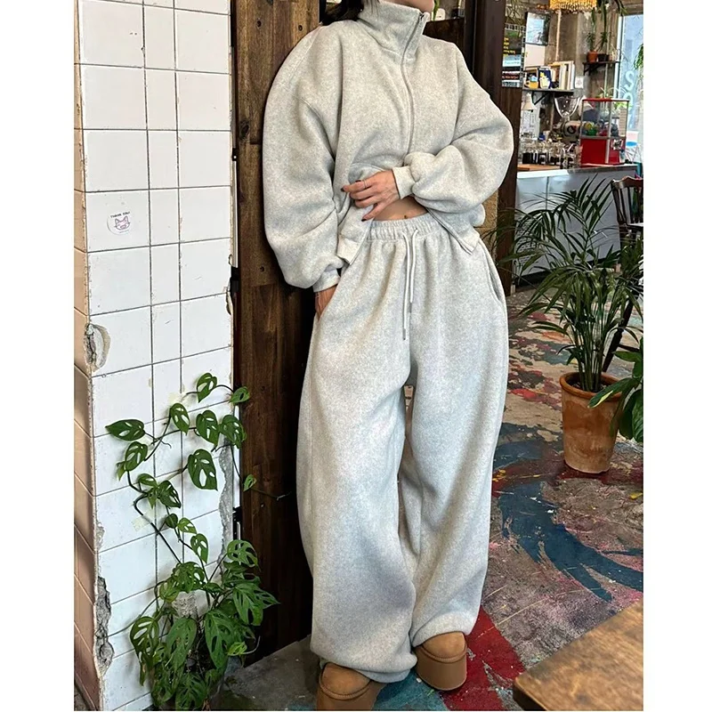 

Корейский шикарный утепленный свободный женский топ и брюки с высокой талией, комплект из двух предметов, зимний повседневный удобный модный наряд