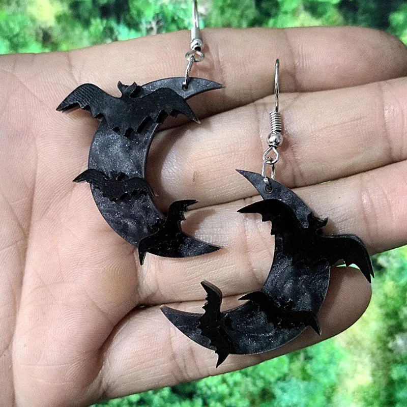 European And American Retro Moon Bat Arylic Earrings, Personalized Dark Style Earrings, Female Earrings, Halloween Earrings