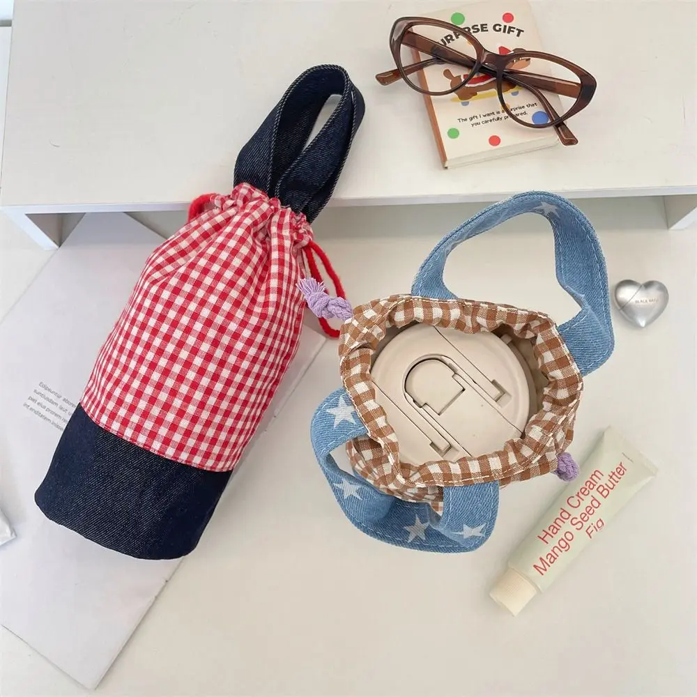 Fashionable Outdoor Drawstring Canvas Cup Bag Grid Printed Water Bottle Cover Glasses Storage Portable Small Storage Bag Hiking
