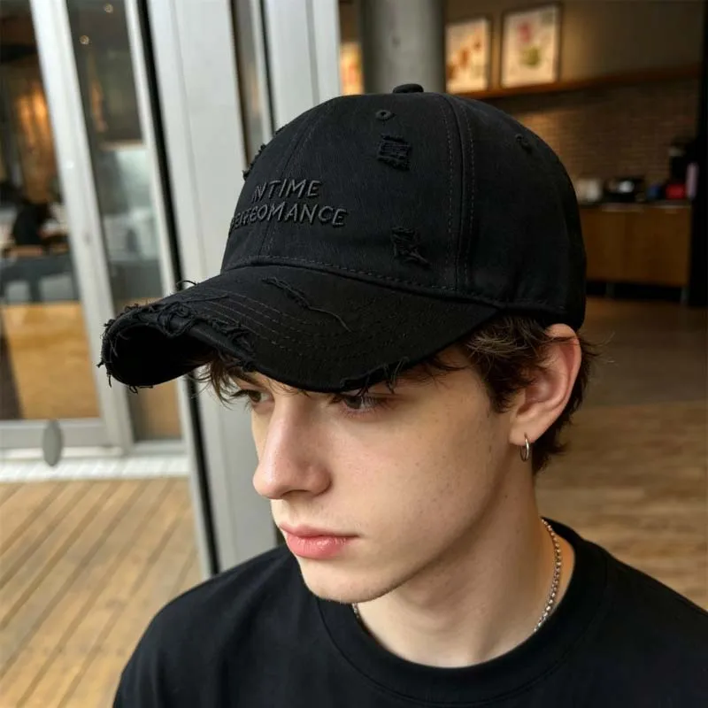 New Style Distressed Washed Baseball Cap with No Time For Romatic Embroidery, A Slim Visor Hat That Makes Your Face Look Smaller