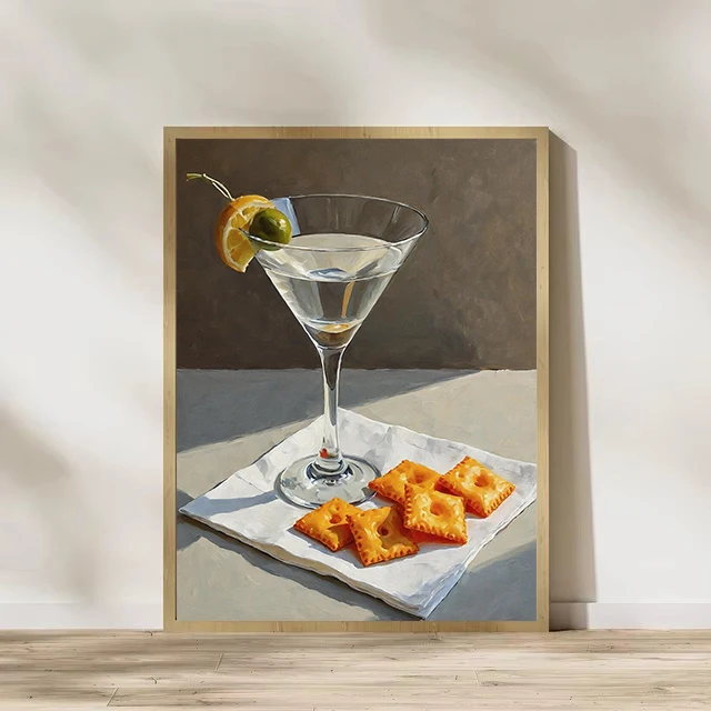 Trendy Kitchen Food Martini and Cheese Crackers Cocktail Pizza Elegant Poster Canvas Painting Wall Art Pictures Home Decor