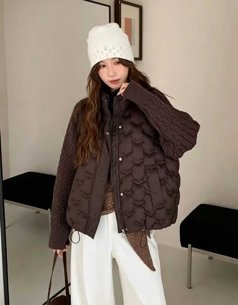 Korean Cable Knit Sleeve Spliced Padded Jacket 2026 Winter Stand Collar Warm Puffer Jacket Women All Match Casual Quilted Parkas