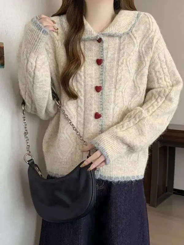 

Осень-зима женский новый нежный сладкий сердечко с призрачными пуговицами витой вязаный открытый кардиган ленивый свитер с кукольным воротником пальто