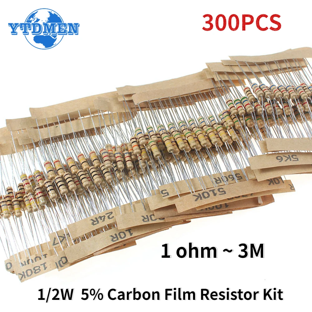 300 pz/lotto resistori 1/2W 30 tipi Set di resistori a Film di carbonio, resistenza 0.5W 5% 1 Ohm ~ 3M Kit di assortimento di resistenza ad anello