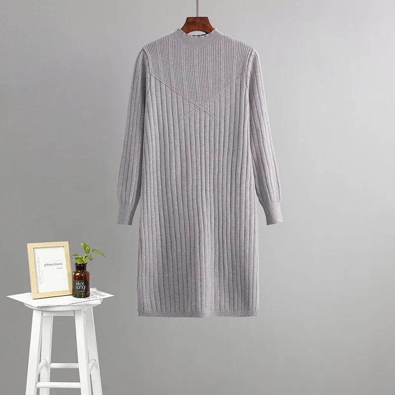 HLBCBG Chic Long Knit Maxi Women Sweater Dress Thick Warm Winter Pleated Dress Female Rib Turtleneck A Line Dress Office Lady