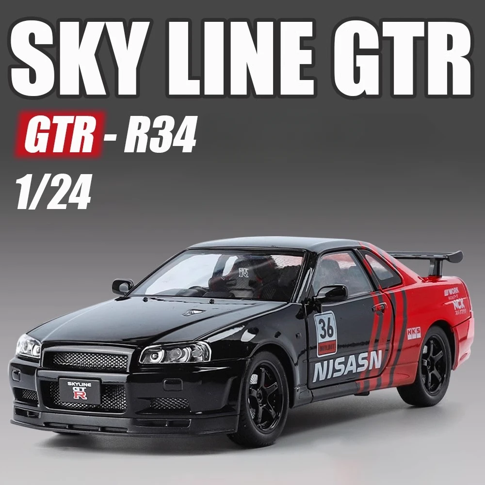 스케일 1:24 GTR R34 스카이 라인 R35 스포츠카 모델 장난감 음악 라이트 풀 백 도어 열린 미니어처 모델 컬렉션 아이 선물