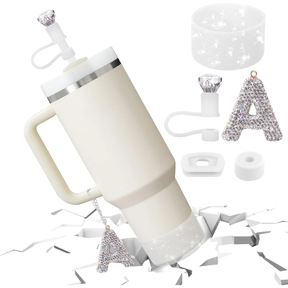 3pcs Set Specially Designed for Stanley Tumbler Cup Accessories Diamond Straw Cover Topper Glitter Silicone Boot Crystal Charm