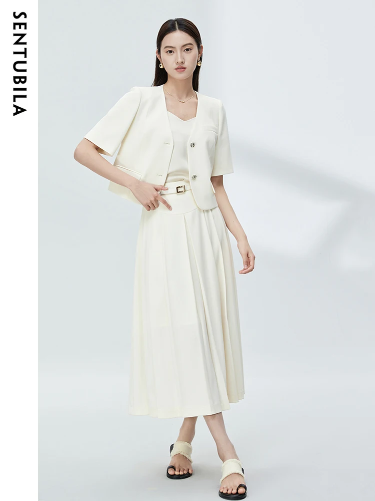 SENTUBILA Office Wear Summer Blazer Suit Women Elegant Two Piece Set Maxi Pleated Skirt Short Sleeve Crop Blazer M32Z48692