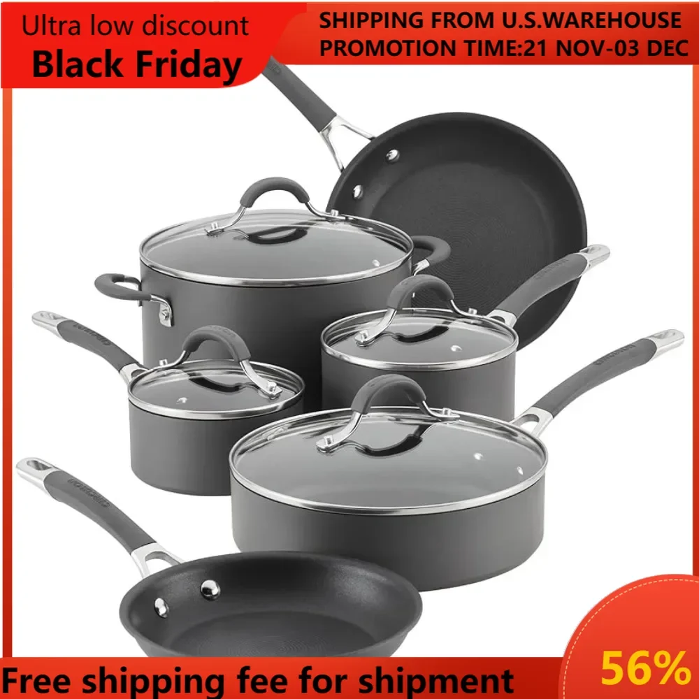 

Cooking Pot Set Radiance Hard Anodized Nonstick Cookware Pots And Pans Set Non-stick Cookware For Kitchen 10 Piece Gray