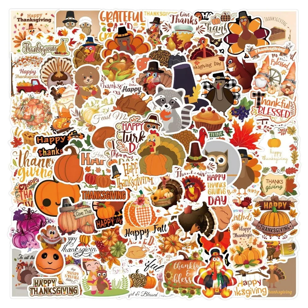 110pcs Cartoon Thanksgiving Day/Easter Turkey Sticker Waterproof PVC Good Harvest Decals DIY Decoration Hand Account Water Cup