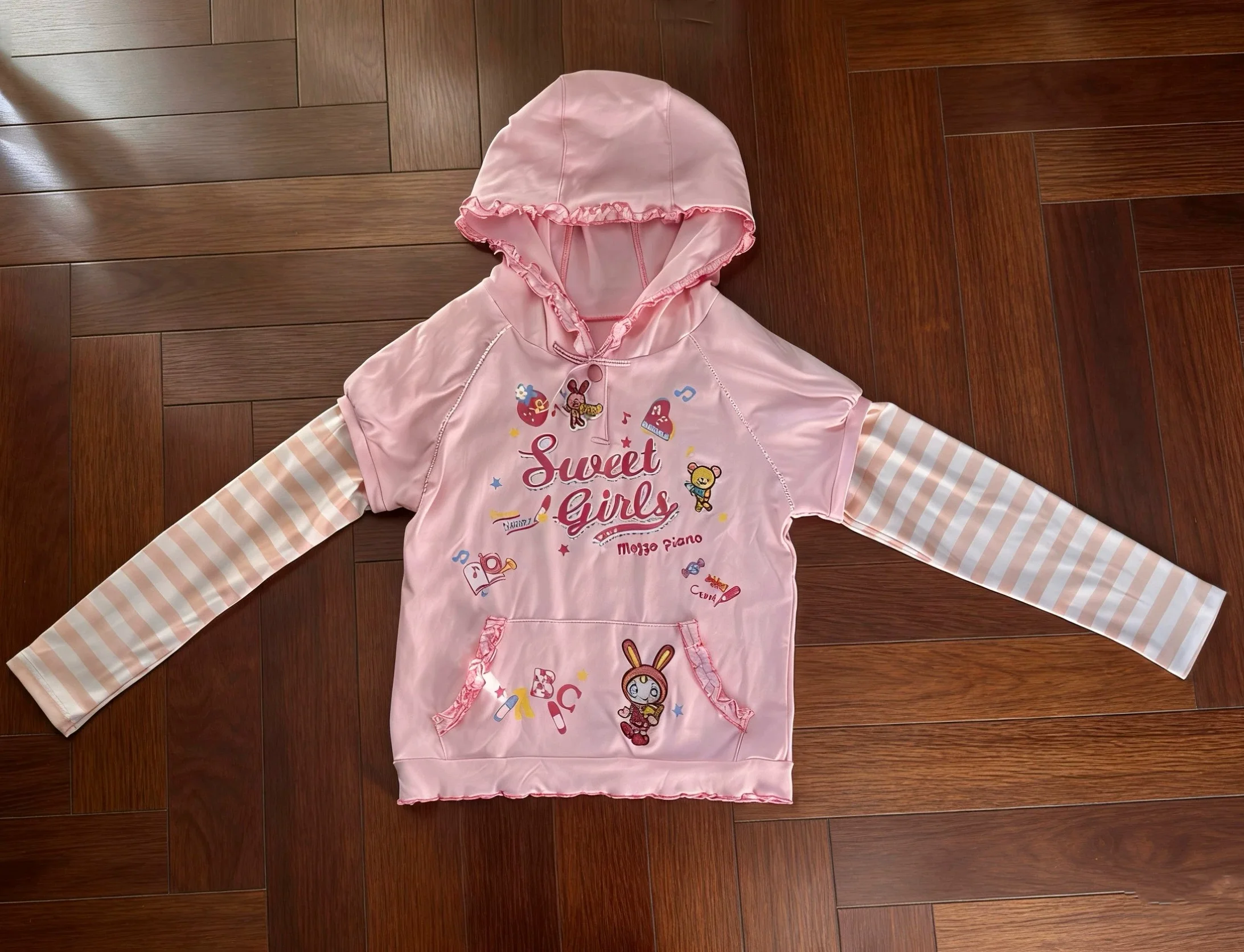 Kawaii Sweet Girls Daughter Uniform Embroidered Cute Hooded Fake Two-piece Long Sleeve Hooded Sweatshirt Girl Top