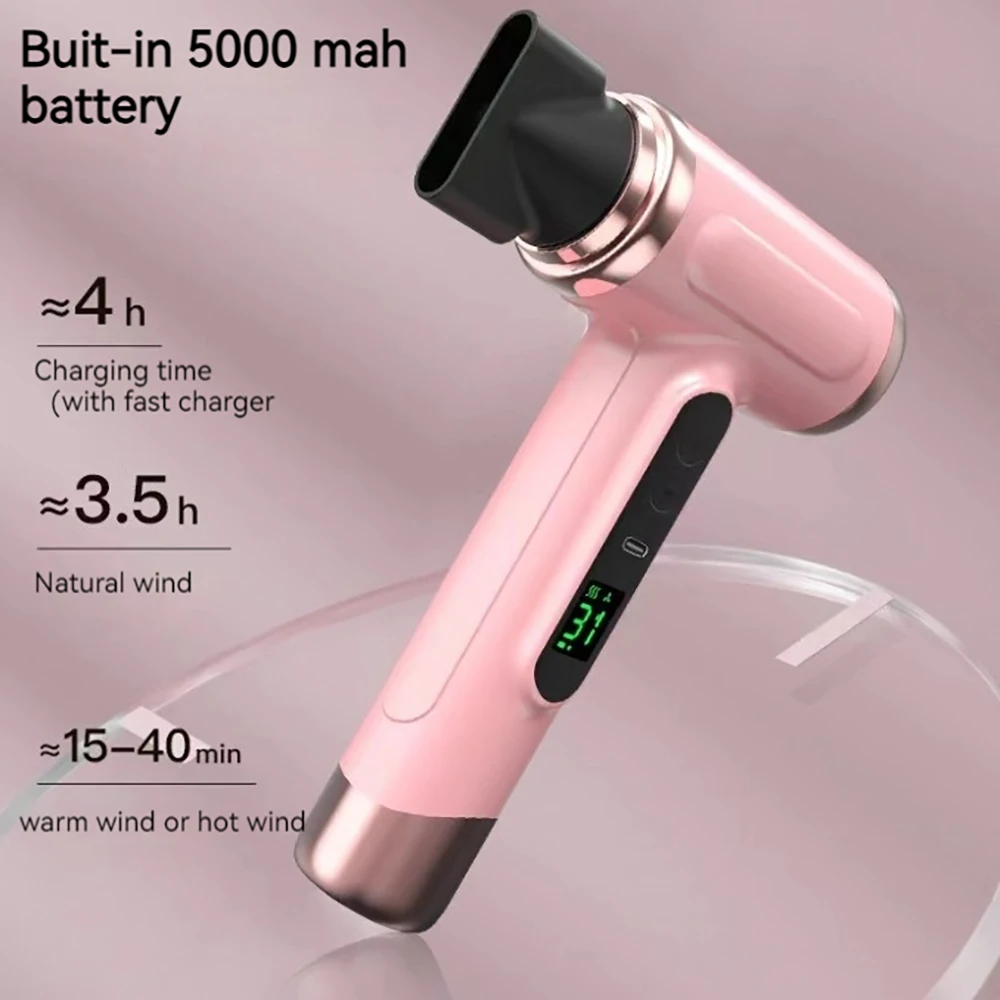 Wireless Rechargeable Hair Dryer with Detachable Nozzle, Cold Hot Wind, Negative Ions Care for Hotel and Outdoor Dormitory