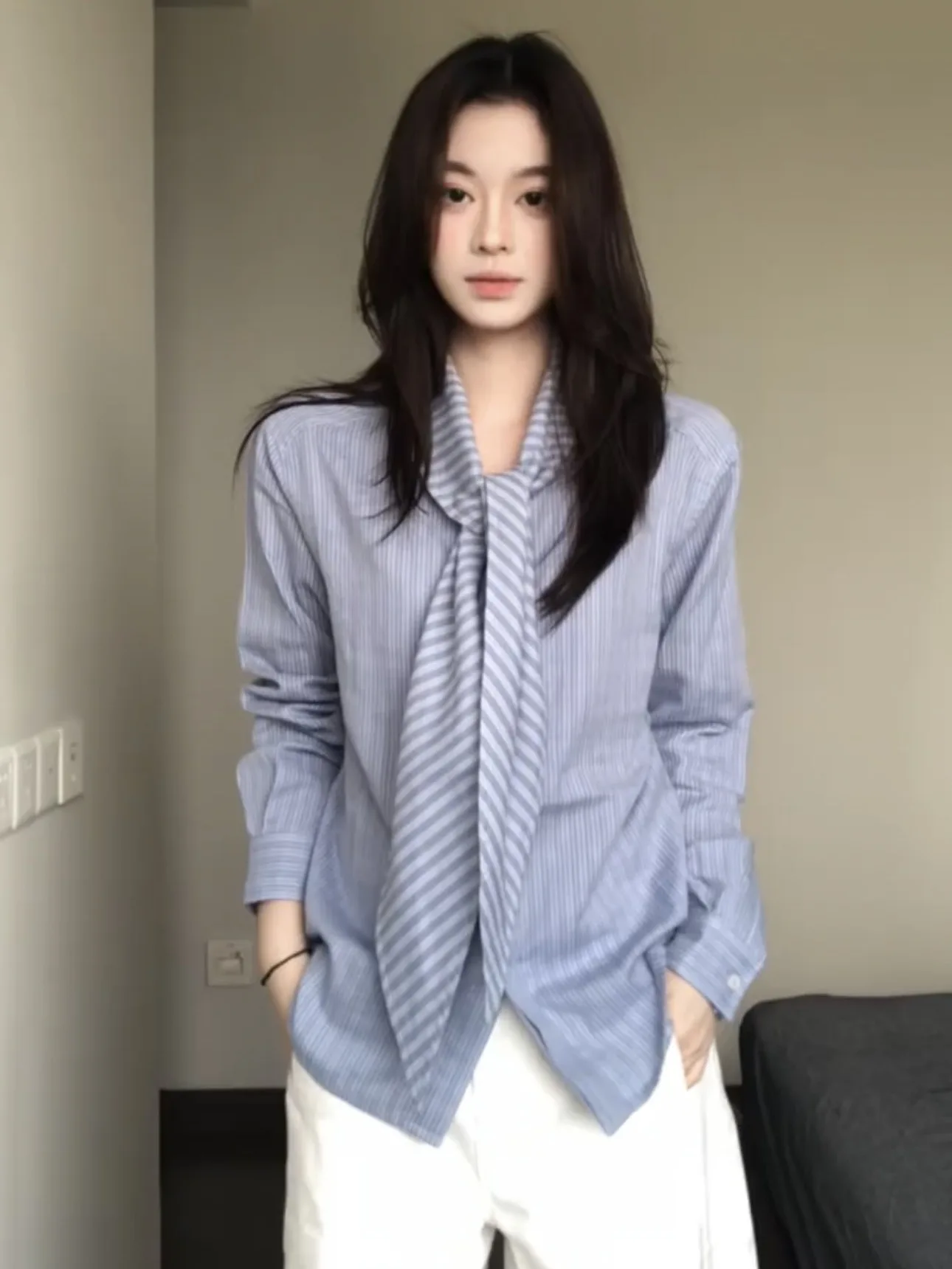 

Синяя полосатая женская рубашка с длинным рукавом, новинка 2026 года, весенний стиль для офиса, модный дизайн, дышащий хлопок, корейский свободный крой