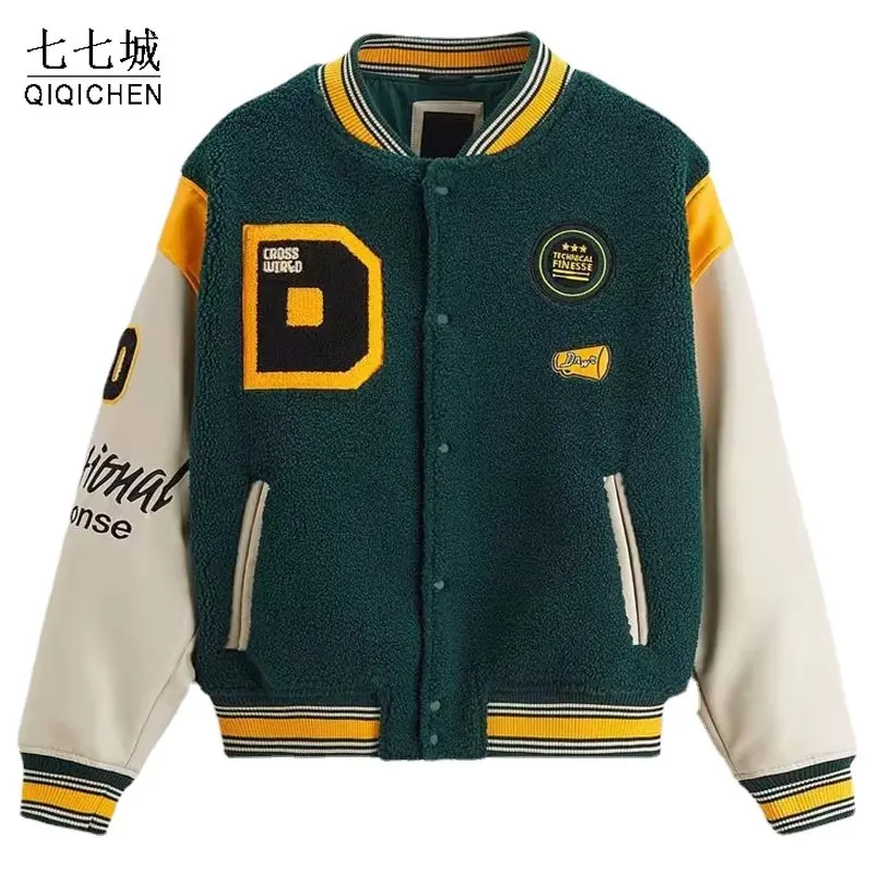 

Mens Baseball Varsity Jackets Spring Embroidery Flocking Loose Street Couple Coat Hip Hop PU Y2K Patchwork Bomber Jackets Unisex