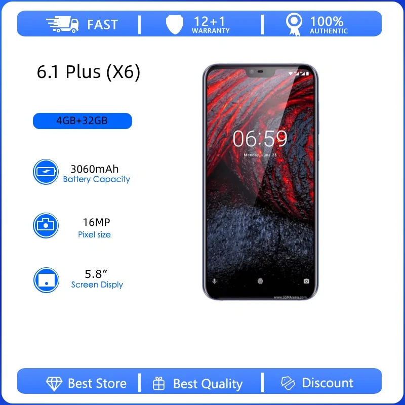 Teléfono Móvil Desbloqueado, Reacondicionado, Original 6.1 Plus (X6) 4G 16MP 5.8 Pulgadas con Huella Dactilar, Idiomas Ruso, Árabe y Hebreo