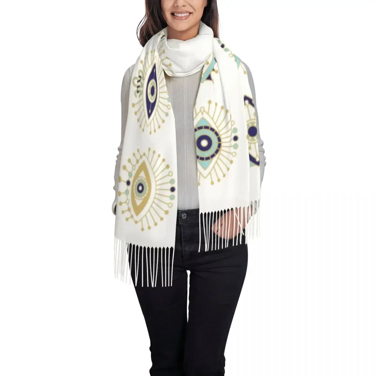 Stylish Turkish Evil Eye n On White Tassel Scarf Winter Warm Shawl Wrap Ladies Nazar Amulet Hamsa Boho Bohemian Scarves