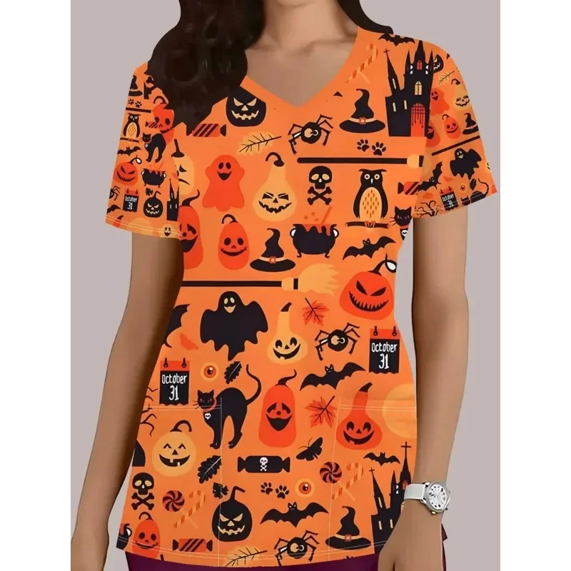 Women's Cartoon Print Halloween Medical UniformTShirt VShort-sleeved dental nurse work uniform with pockets, clinical uniform