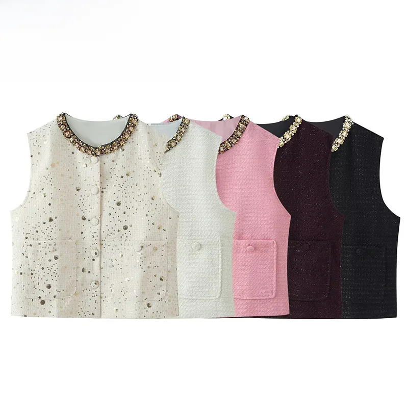 

Fashionable Diamond Embedded round Neck Vest Jacket Women's Standard Fit Polyester Short Outerwear Versatile Style Summer New...