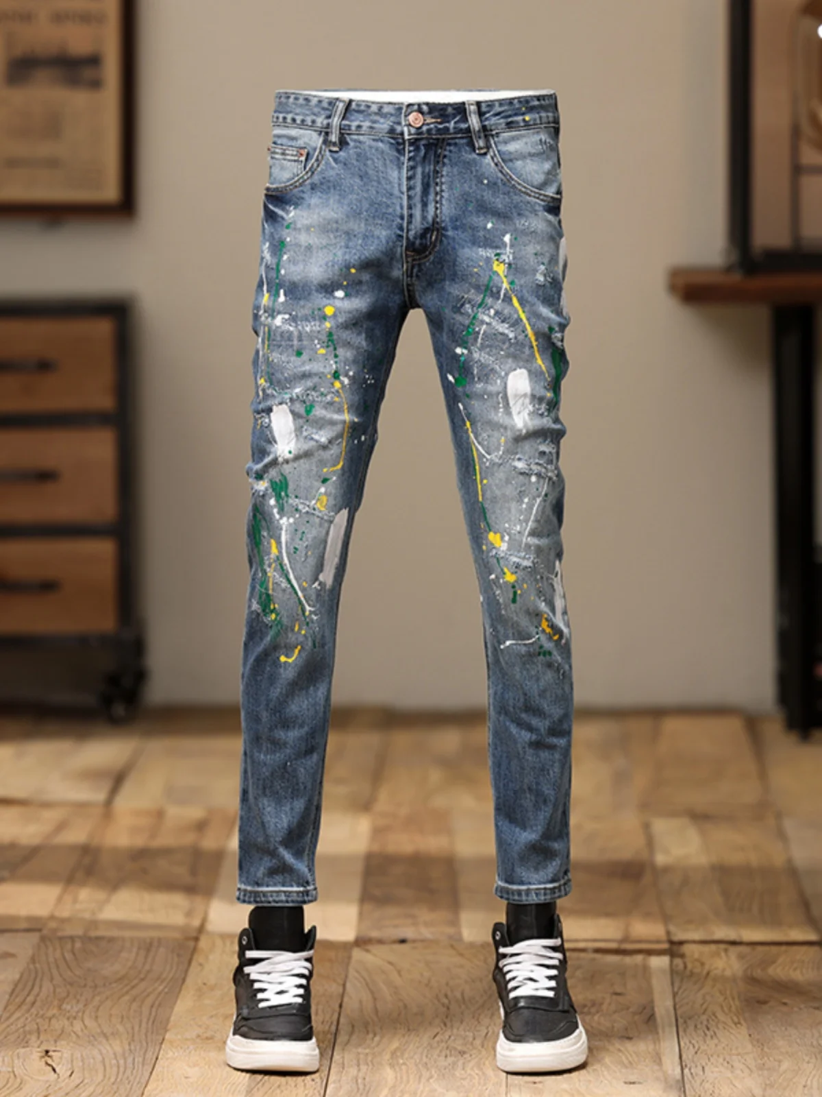 

Мужские джинсы скинни на весну-осень, повседневные, из эластичного хлопка, с эффектом брызг краски, с дырками, износостойкие, прямого кроя