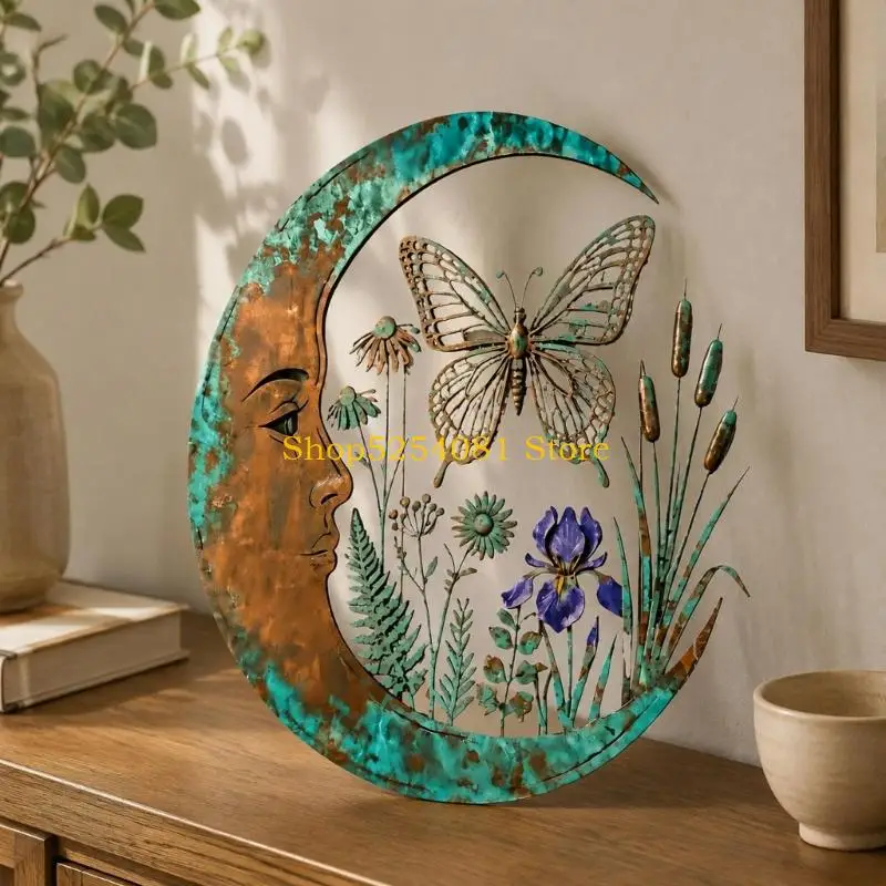 AXYC Entry Hall Wall Art Accent, Moon Metal Hanging Piece with Aged Finish for Porch Display and Living Area Styling