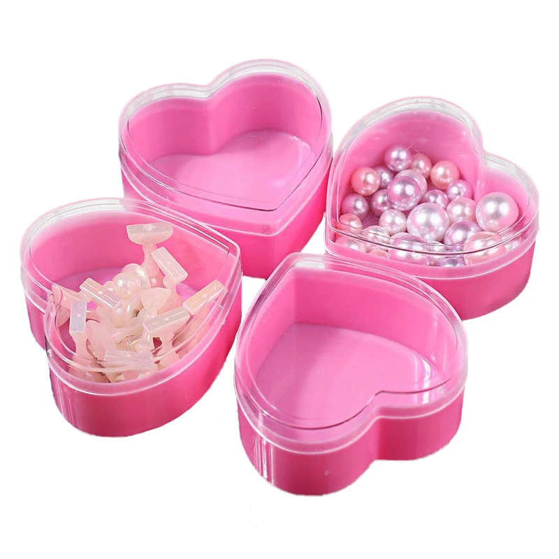 Plastic Nail Jewelry Storage Box Pink Love Heart Shape With Transparent Cover Nail Art Rhinestone Storage Case Organizer Holder