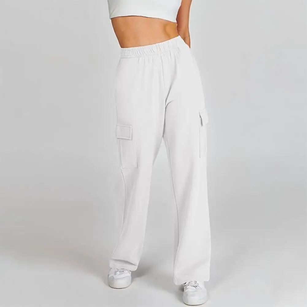 Damen hose hohe elastische Taille locker breites Bein einfarbig Multi Taschen weich atmungsaktiv gerade gerade in voller Länge Dame lange Hose