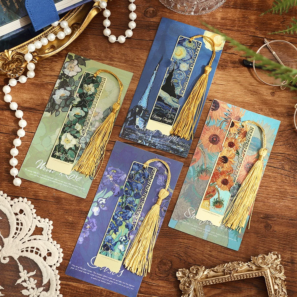 1 Pc Hollow Floral Metal Bookmark Vintage Painting Exquisite Sunflower Iris Rose With Long Tassel For Book Lovers Readers Gift