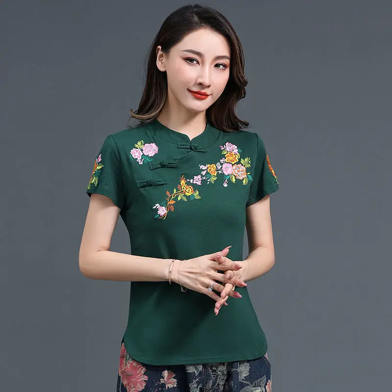 

2023 traditional chinese improved cheongsam retro qipao shirts national flower print cotton blouse elegant oriental tang suit