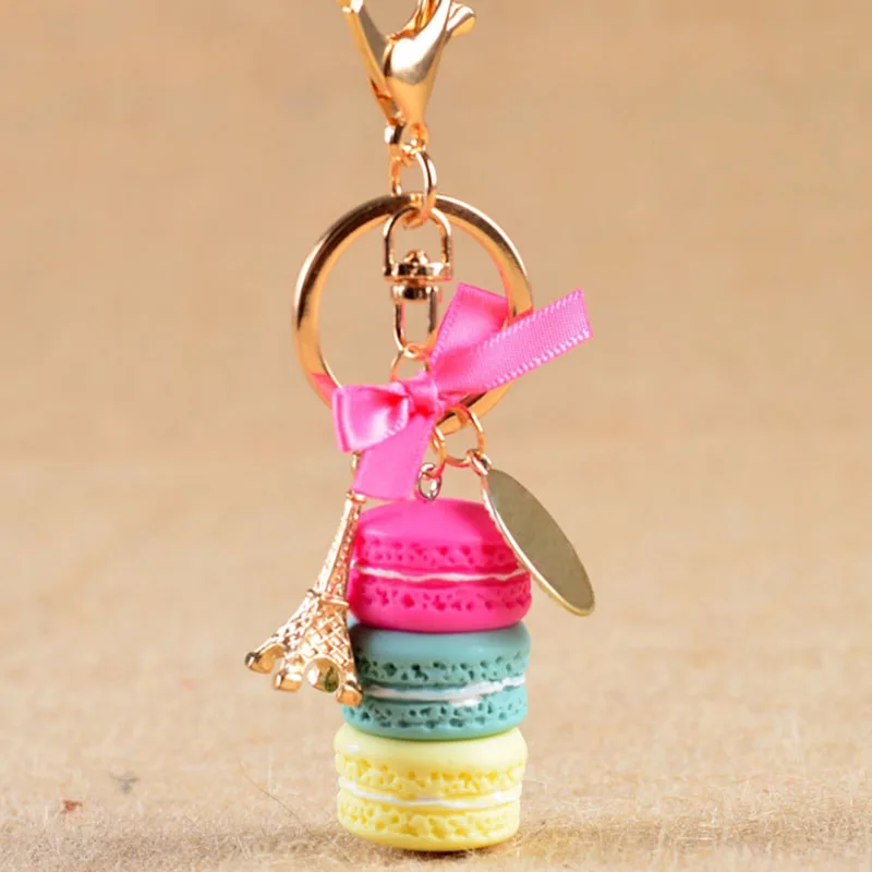 Fashion Macaroon Cake Key Rings Women New Car Key Ring  Bag Charm Pendant France Cake Eiffel Tower Keychains Party Gift Jewelry