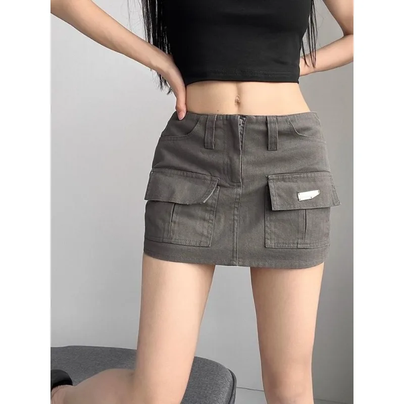 Jupes cargo grises rétro pour femmes avec poches