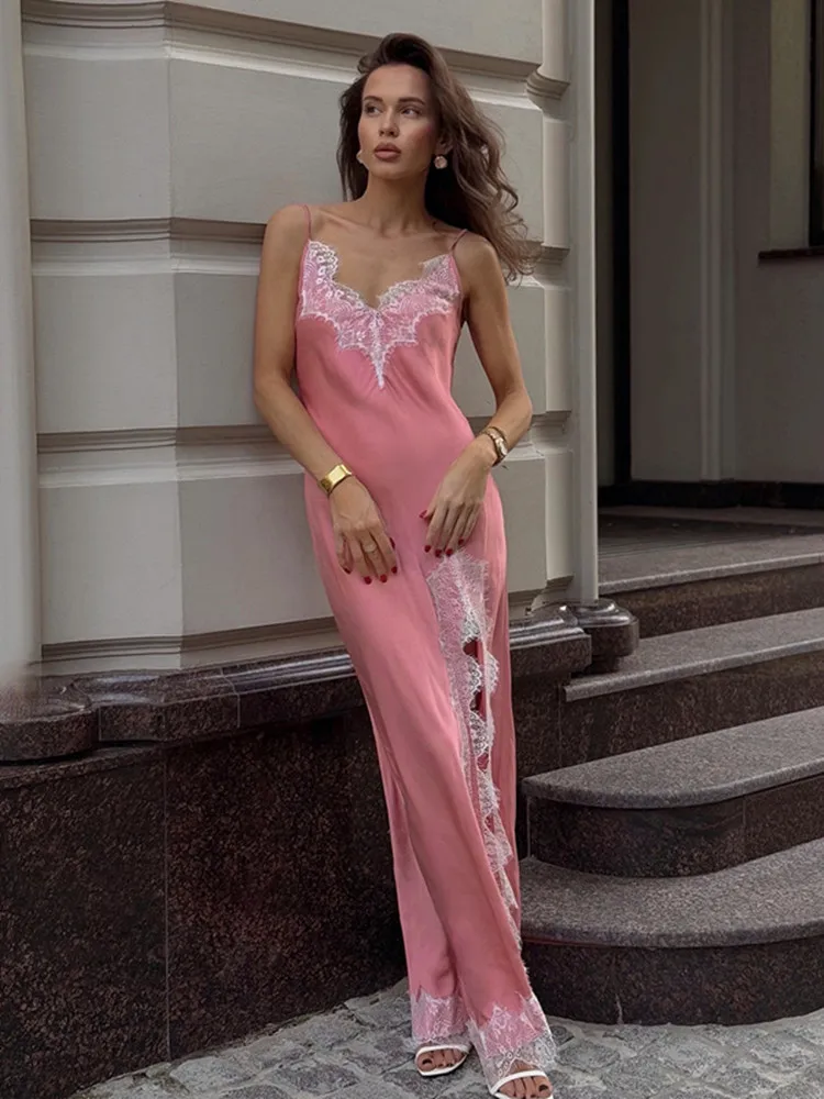 

BKLD Spaghetti Strap V-Neck Long Dresses 2026 Summer Imitation Silk Sexy Split Lace Patchwork Sleeveless Dress Clothes For Women