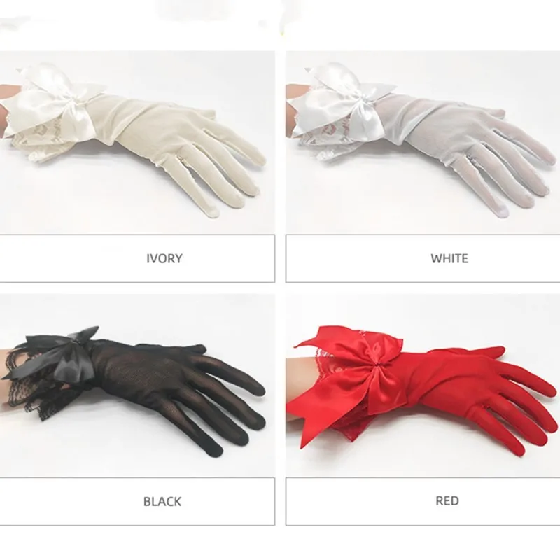 Women's  American Bridal Gloves Short Tulle Gloves Wedding Short Mesh Lace Edge Pearl Bow Dress Mittens Wedding Gloves